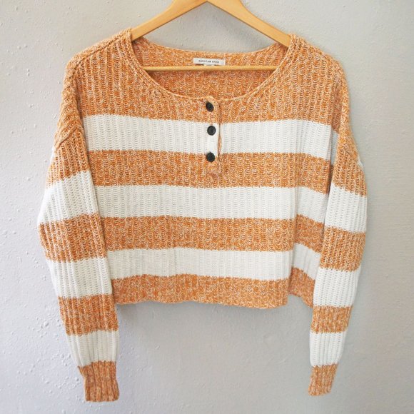 American Eagle Boxy Super Soft Cropped Henley Sweater Yellow White Stripes S - Picture 2 of 6